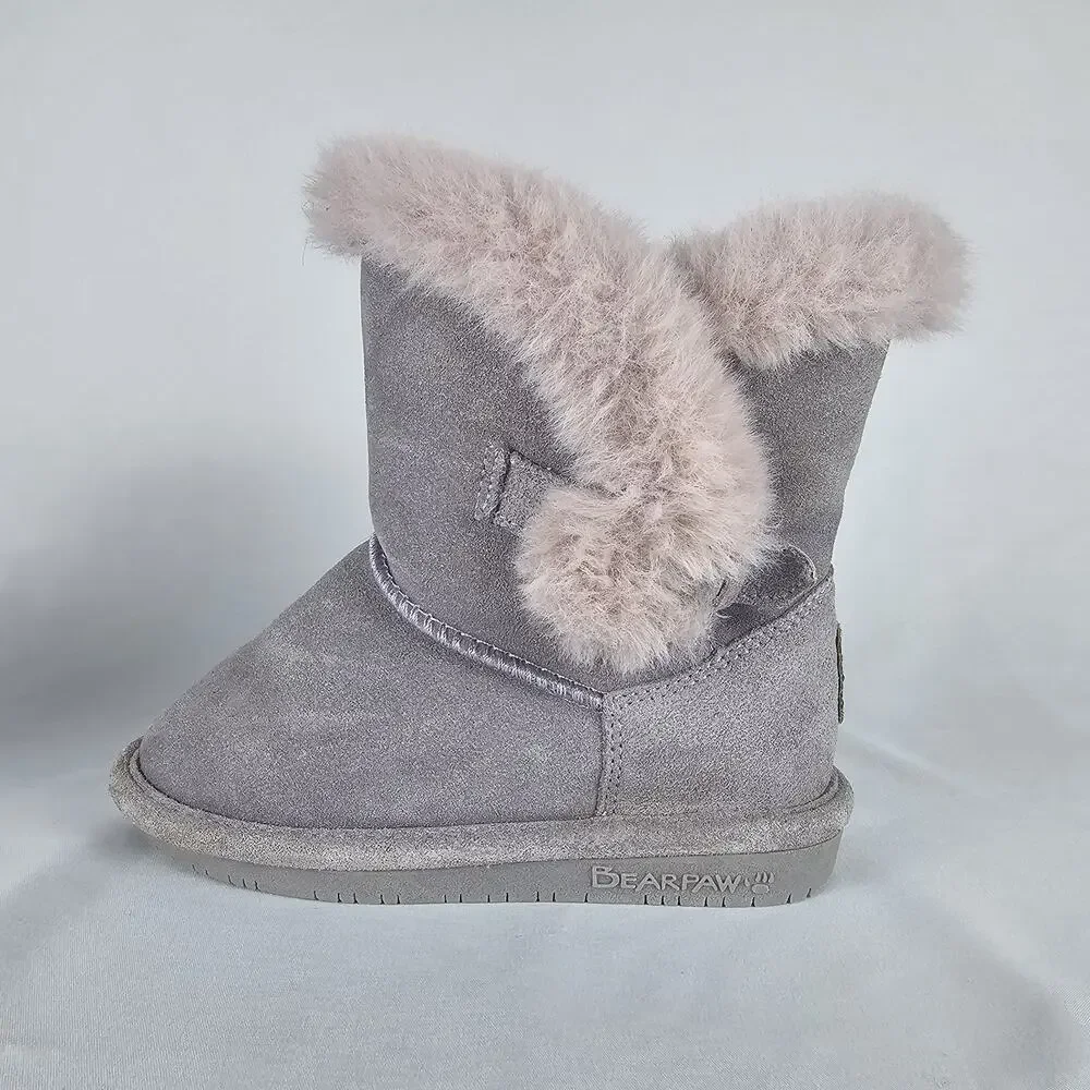 Bearpaw Betsey Girls Youth Size 11 Grey Suede Faux Fur Trim Winter Ankle Boots